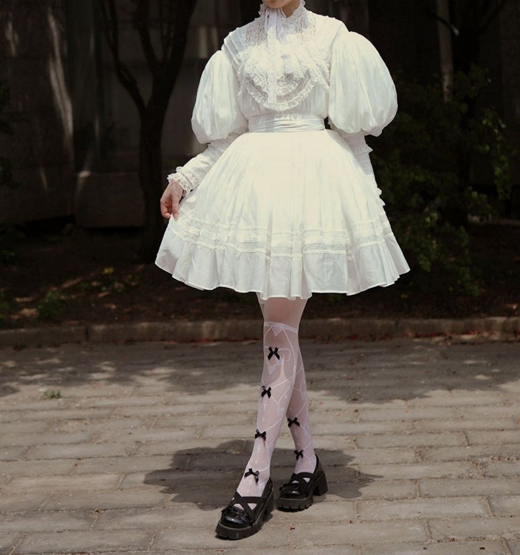 White Leg-of-Mutton Sleeves Vintage Lace Blouse and White Skirt Short Version Set