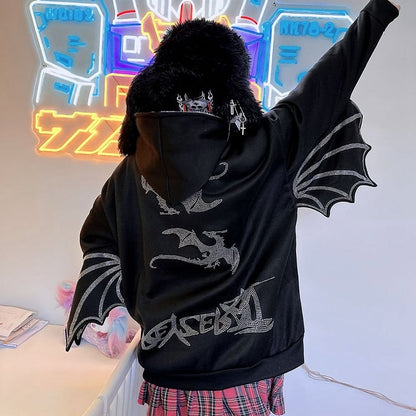 Rhinestones Dragon Decorated Wings Design Hooded Black Jacket