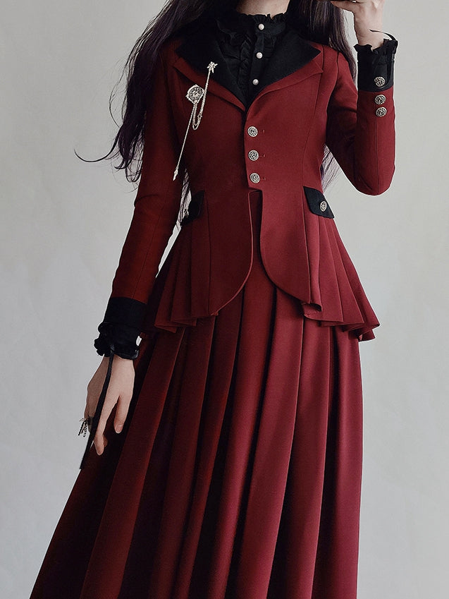 Plus Size Friendly-Wine Red Pleating Details Blazer + Skirt Vintage Set