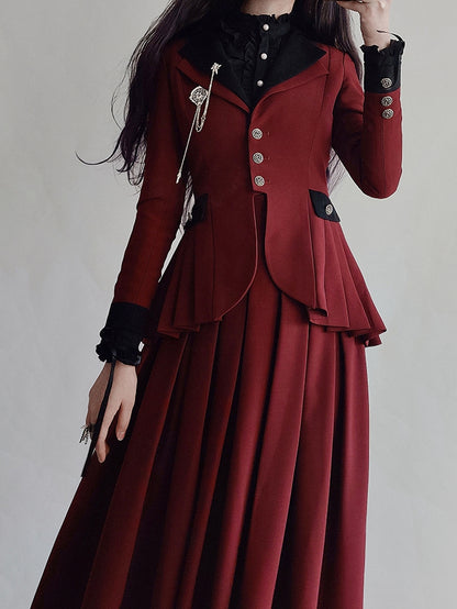 Plus Size Friendly-Wine Red Pleating Details Blazer + Skirt Vintage Set