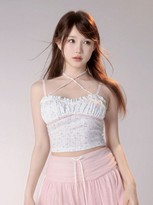 Pink/Blue Floral Print White Cami Top Ruffle Trim