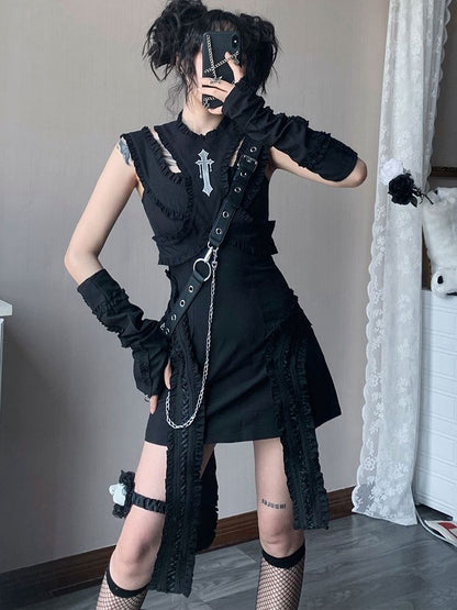 Cross Embroidery Black Dress