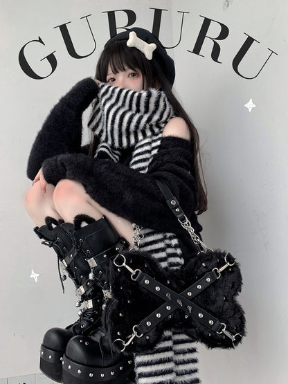 Studs Decorated Black Plush Bone-shaped Bag