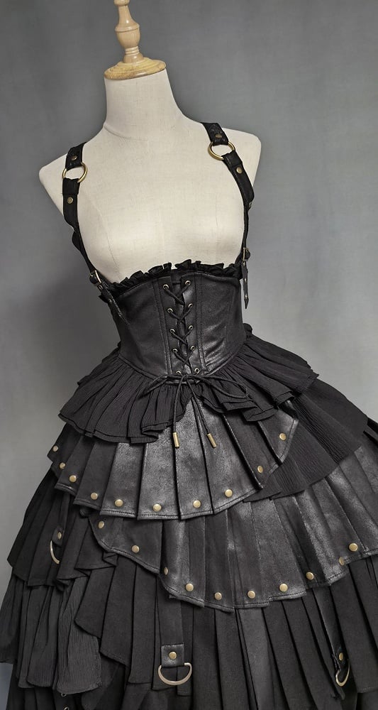 Black Gothic Lolita Under Bust Corset High Waist Layered Pleated Skirt with Shoulder Straps