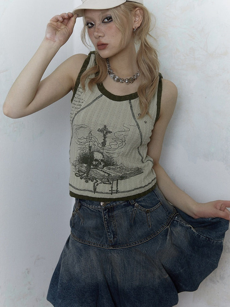 Punk Skull Print Light Green Knitted Tank Top