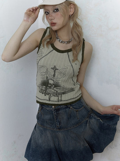 Punk Skull Print Light Green Knitted Tank Top