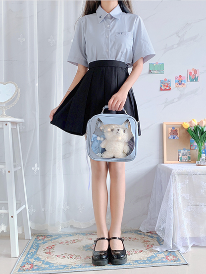 Cat Head-shaped Window Light Blue PU Square Ita Bag