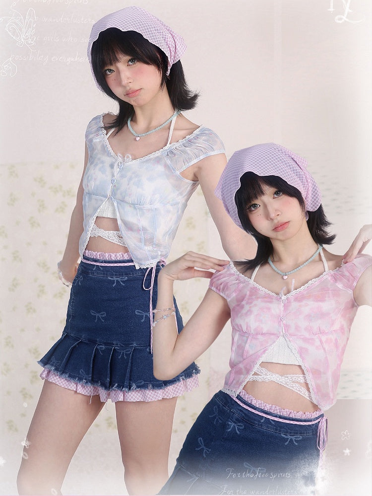 Blue Floral Print V-neck Top Lace Trim