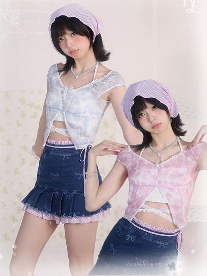 Blue Floral Print V-neck Top Lace Trim