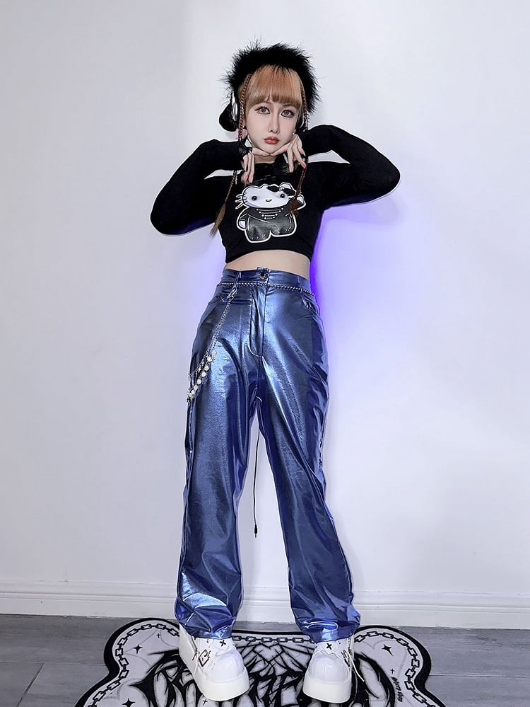 Futuristic Cyberpunk Y3K Metallic Silver/Rose Red/Blue/Green PU Pants