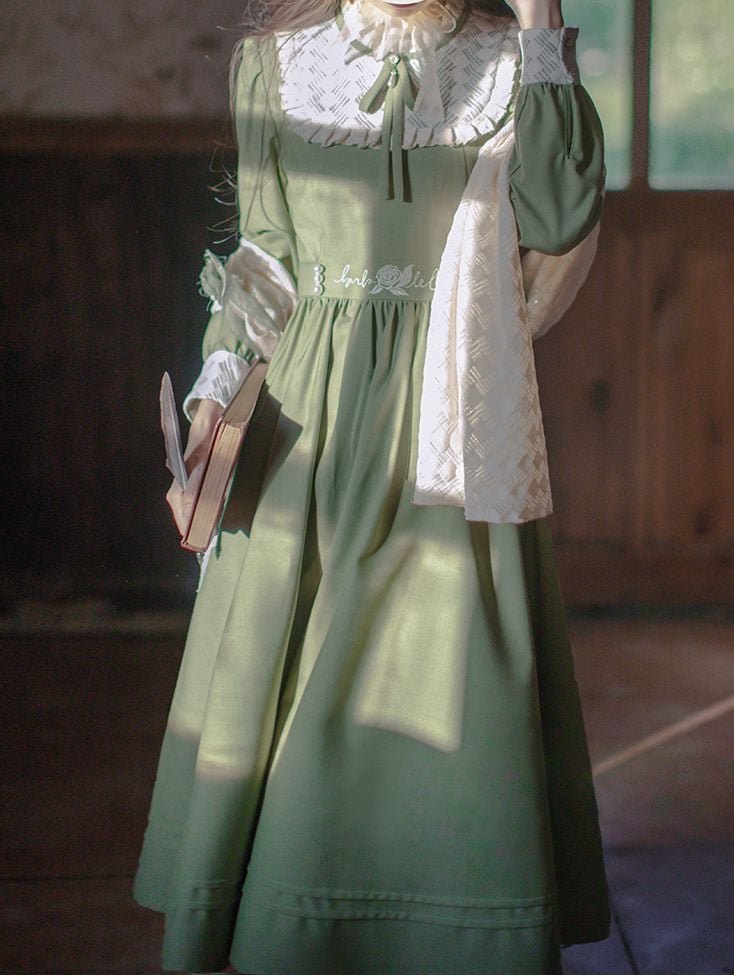 Floral Embroidery Green Vintage Dress Ruffle Neckline Puff Sleeves