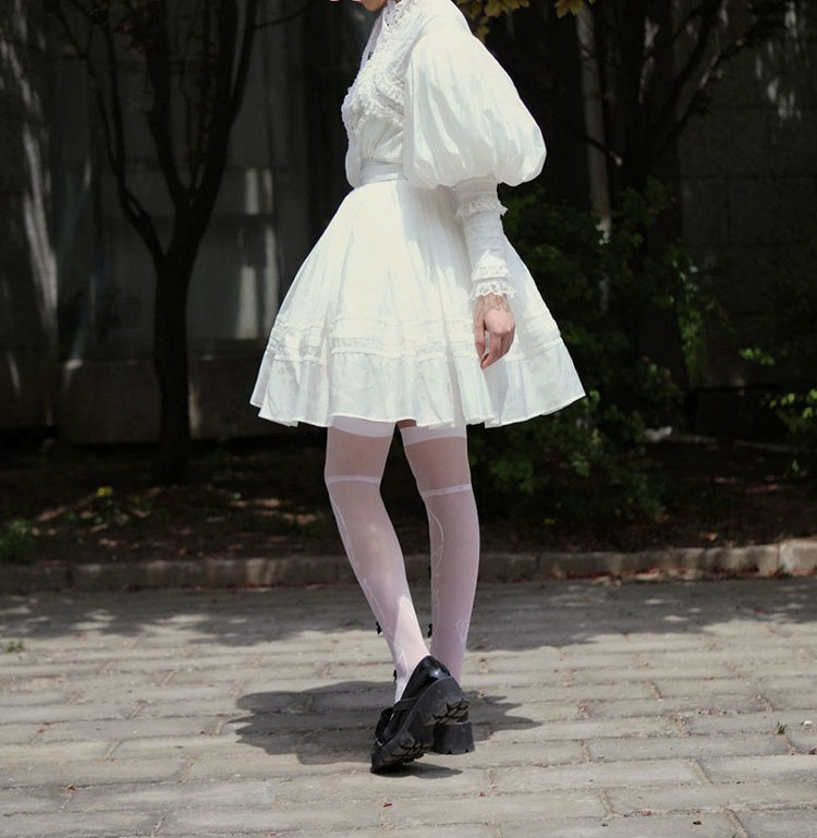 White Leg-of-Mutton Sleeves Vintage Lace Blouse and White Skirt Short Version Set