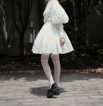 White Leg-of-Mutton Sleeves Vintage Lace Blouse and White Skirt Short Version Set