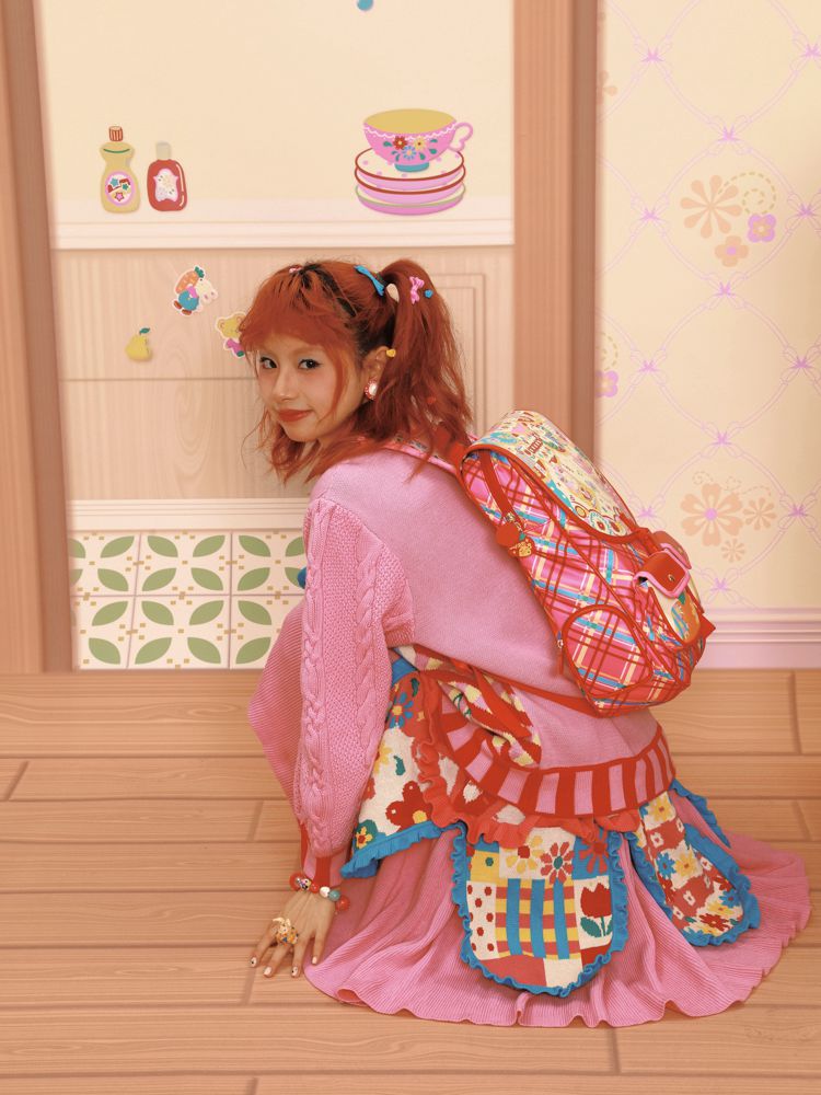 Magic Restaurant Floral and Cartoon Elephant Print PU Red Plaid Backpack