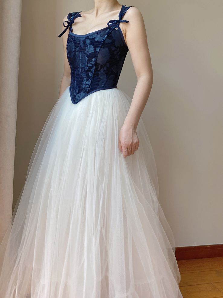 Dark Blue Scoop Neckline Corset with Floral Pattern