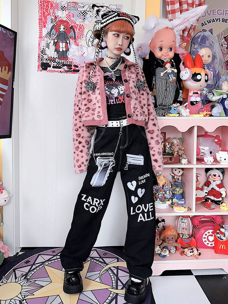 Letters Print Black Jeans