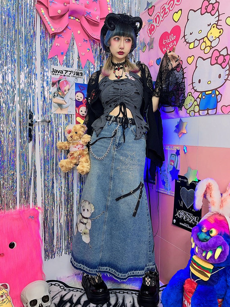 Faded Wash Little Bear Print Denim Skirt Pins Zip Decorated Raw Hem