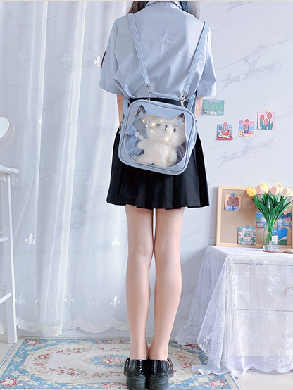Cat Head-shaped Window Light Blue PU Square Ita Bag