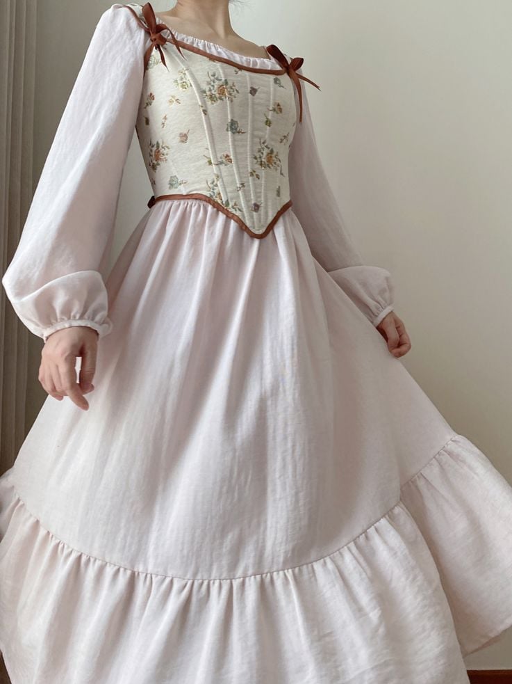 Beige Scoop Neckline Corset with Floral Pattern