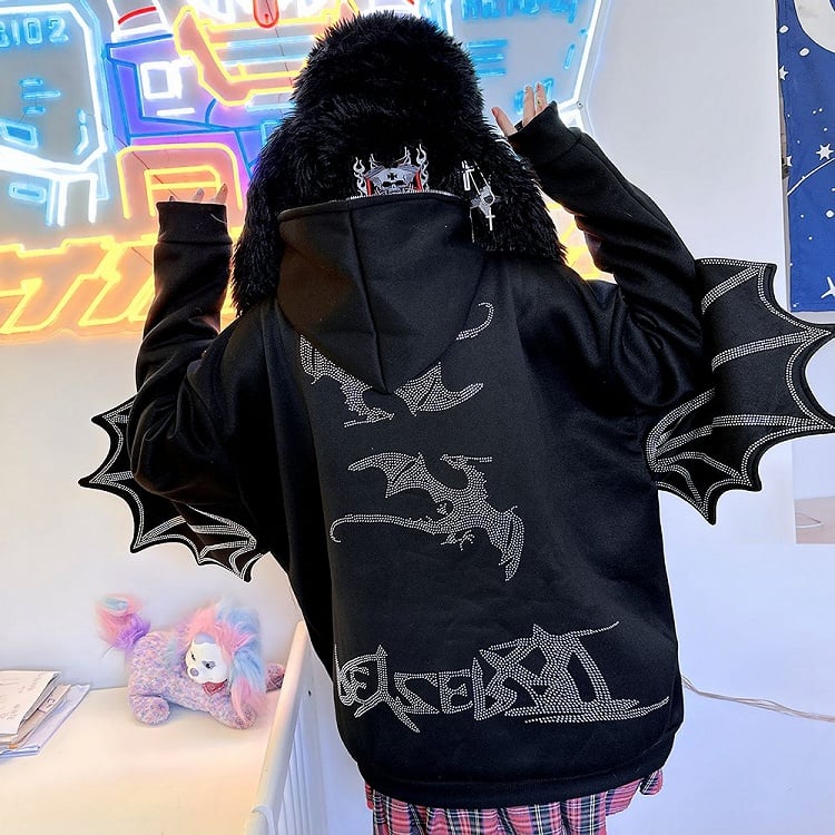 Rhinestones Dragon Decorated Wings Design Hooded Black Jacket