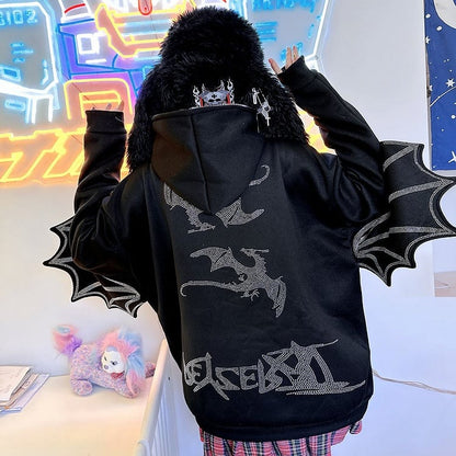 Rhinestones Dragon Decorated Wings Design Hooded Black Jacket