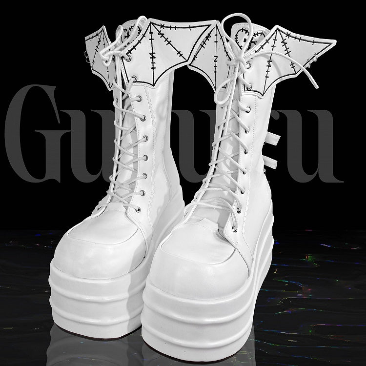 White Goth Platform Boots White Bat Wings Design Lace-up Tie