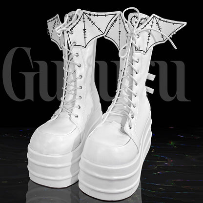 White Goth Platform Boots White Bat Wings Design Lace-up Tie