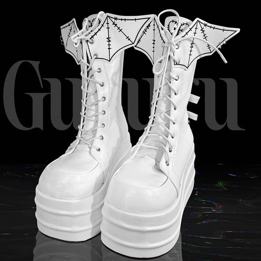 White Goth Platform Boots White Bat Wings Design Lace-up Tie