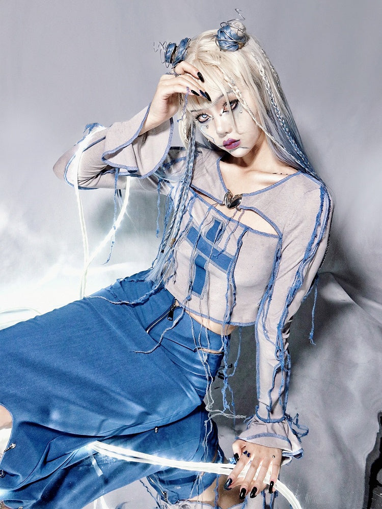 Y2K Cross Applique Tassels Bodice Knitted Top