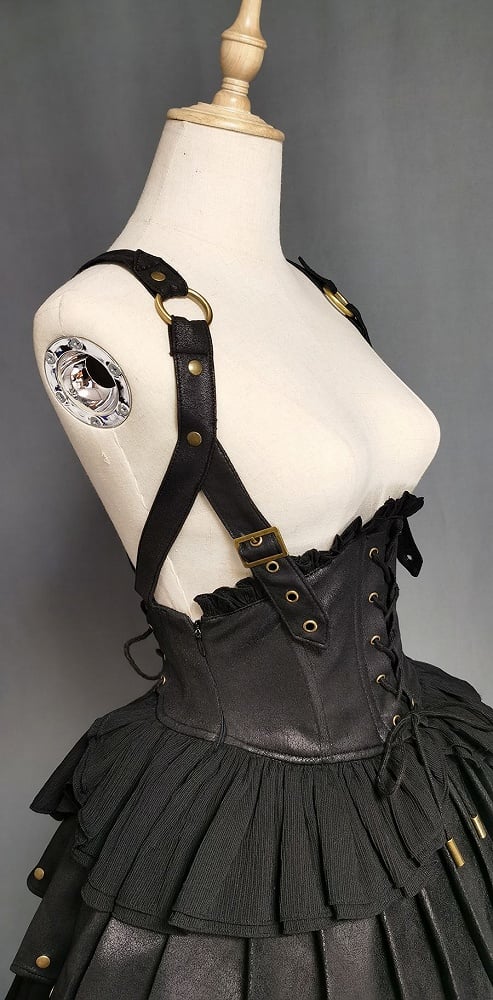 Black Gothic Lolita Under Bust Corset High Waist Layered Pleated Skirt with Shoulder Straps