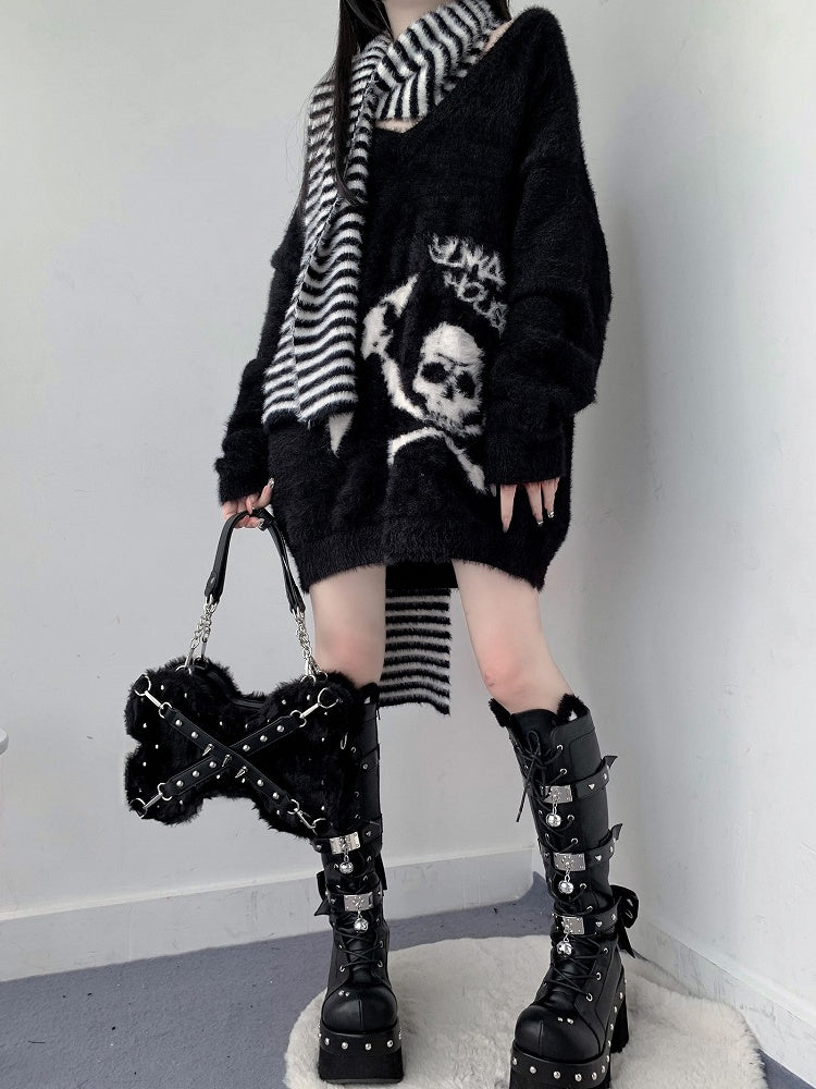 Studs Decorated Black Plush Bone-shaped Bag