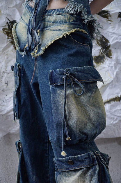 Wasteland Punk Cargo Pockets Faded Wash Wide Leg Jeans