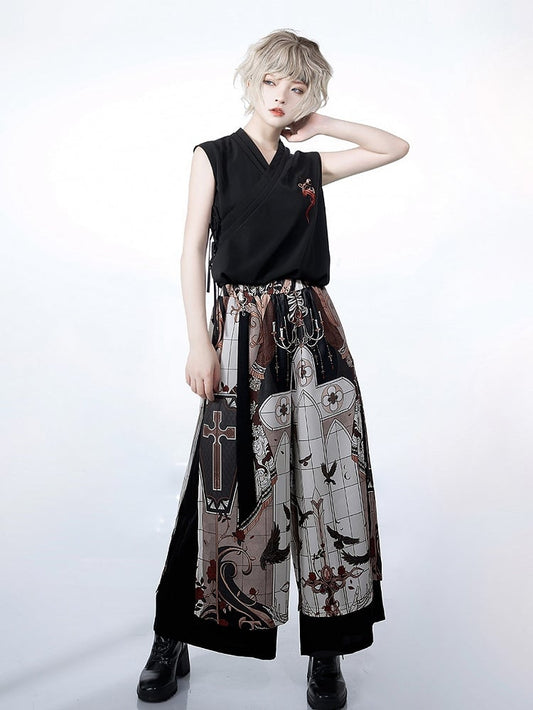 Night Command Cross Print Wide-leg Cut Pants