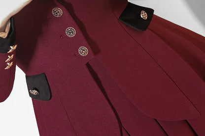 Plus Size Friendly-Wine Red Pleating Details Blazer + Skirt Vintage Set