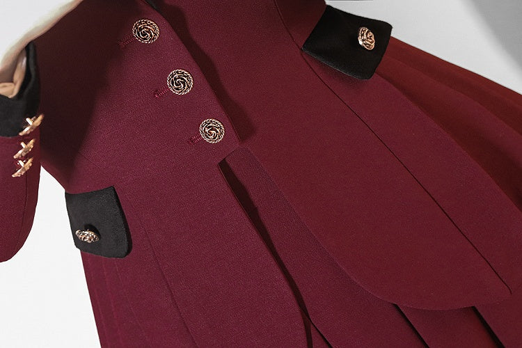 Plus Size Friendly-Wine Red Pleating Details Blazer + Skirt Vintage Set