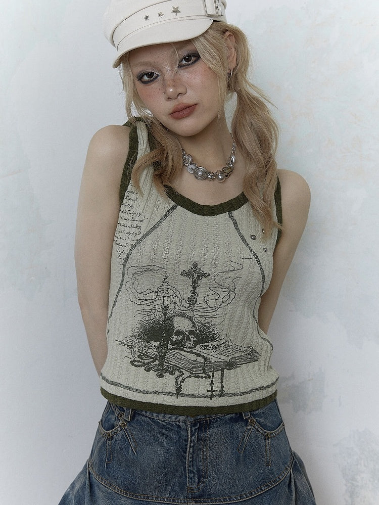 Punk Skull Print Light Green Knitted Tank Top