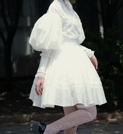 White High Neck Leg-of-Mutton Sleeves Vintage Lace Blouse