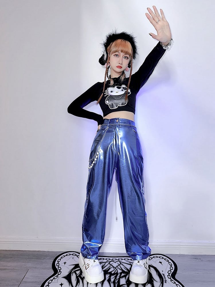Futuristic Cyberpunk Y3K Metallic Silver/Rose Red/Blue/Green PU Pants