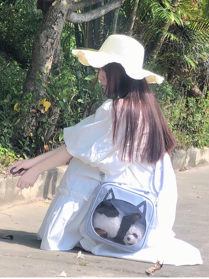 Cat Head-shaped Window Light Blue PU Square Ita Bag