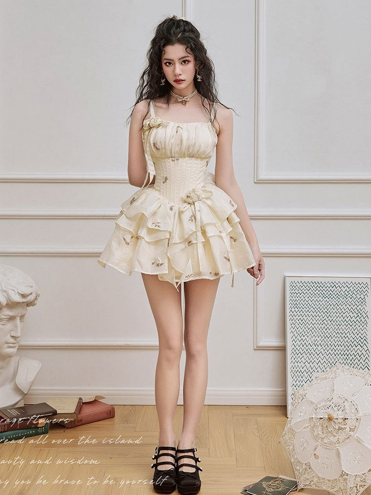 Light Yellow Floral Pattern Boned Bodice Jumper Skirt with Rosette Brooches Short Version