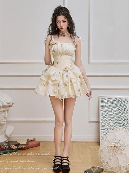 Light Yellow Floral Pattern Boned Bodice Jumper Skirt with Rosette Brooches Short Version