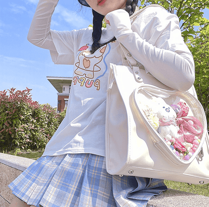 Milk White/Black Heart-shaped Window Square PU Tote Ita Bag