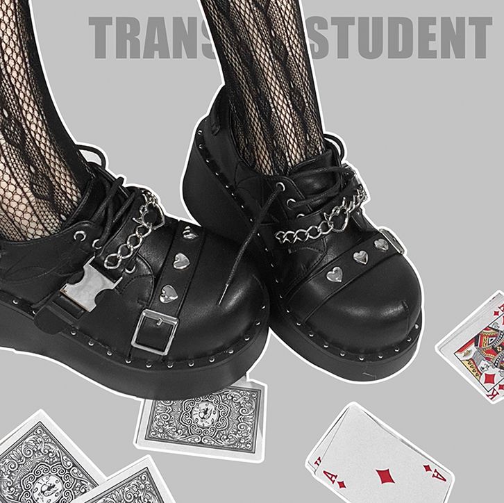Devil's Trap Lace-up Closure Silver-tone Studs Decorated PU Matte Black Flatforms