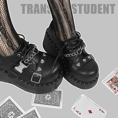 Devil's Trap Lace-up Closure Silver-tone Studs Decorated PU Matte Black Flatforms