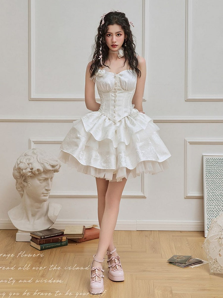 White Boned Corset Top with Underwire Cups Rosettes Brooch