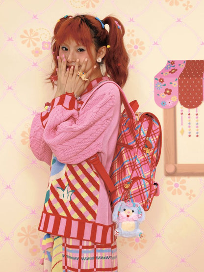 Magic Restaurant Floral and Cartoon Elephant Print PU Red Plaid Backpack