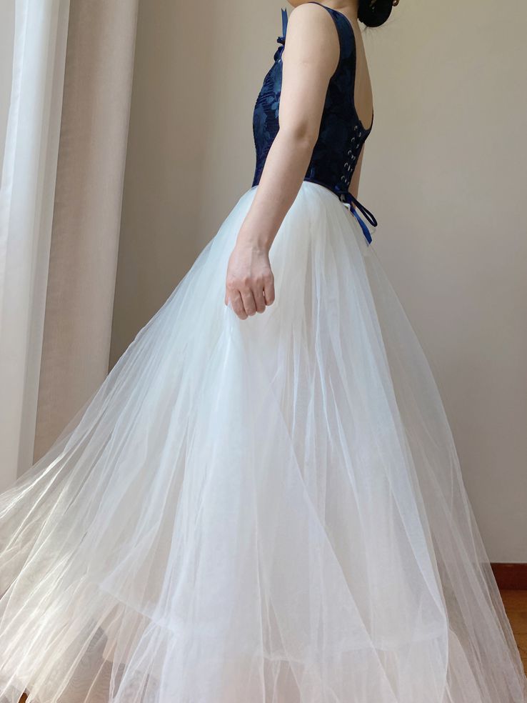 Dark Blue Scoop Neckline Corset with Floral Pattern