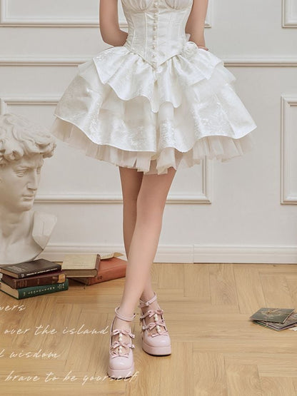 White Jacquard Tiered Skirt with Rosettes Brooch