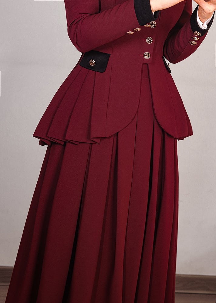 Plus Size Friendly-Wine Red Pleating Details Blazer + Skirt Vintage Set