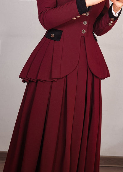 Plus Size Friendly-Wine Red Pleating Details Blazer + Skirt Vintage Set